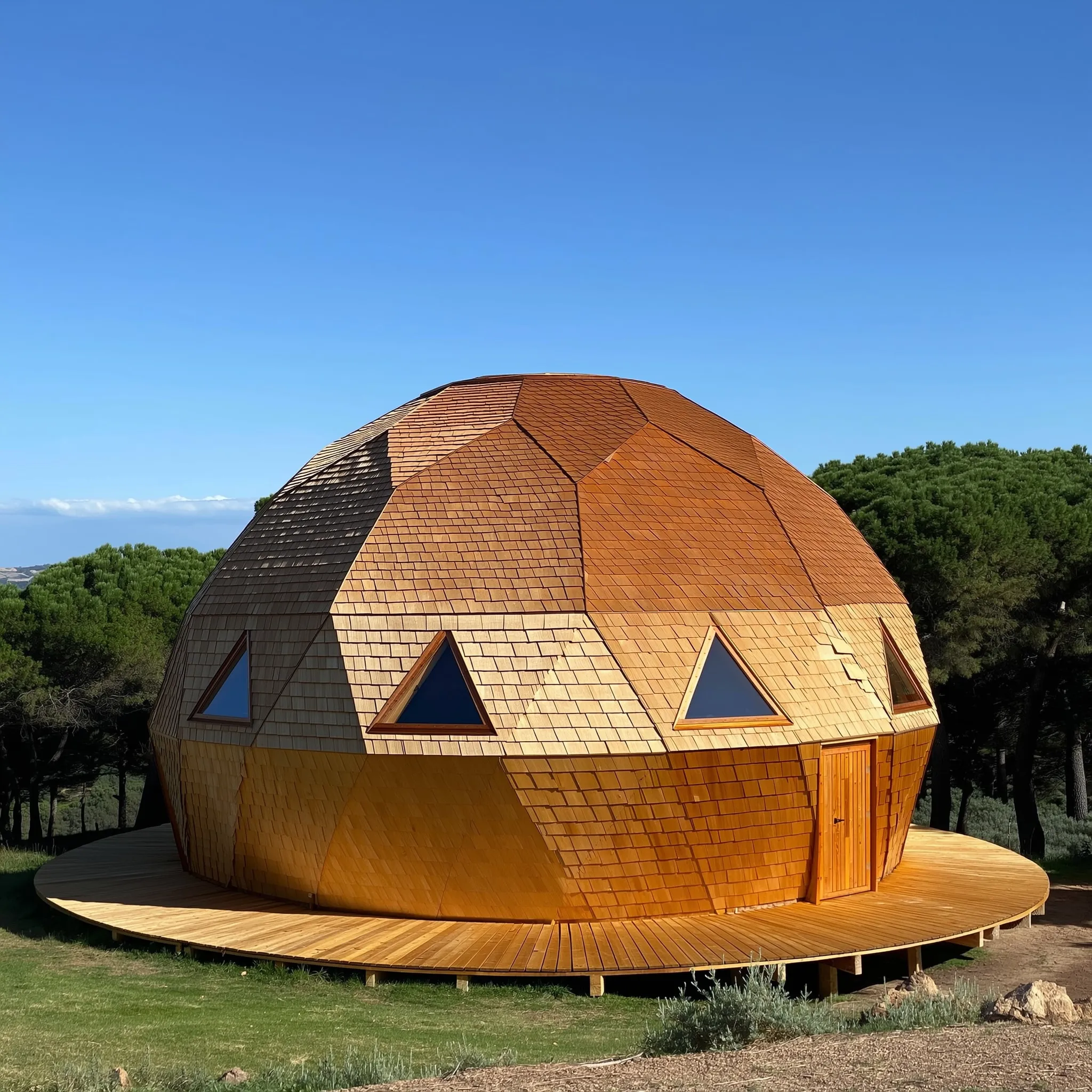 Cúpula revestida a OSB com acabamento em madeira e porta de entrada